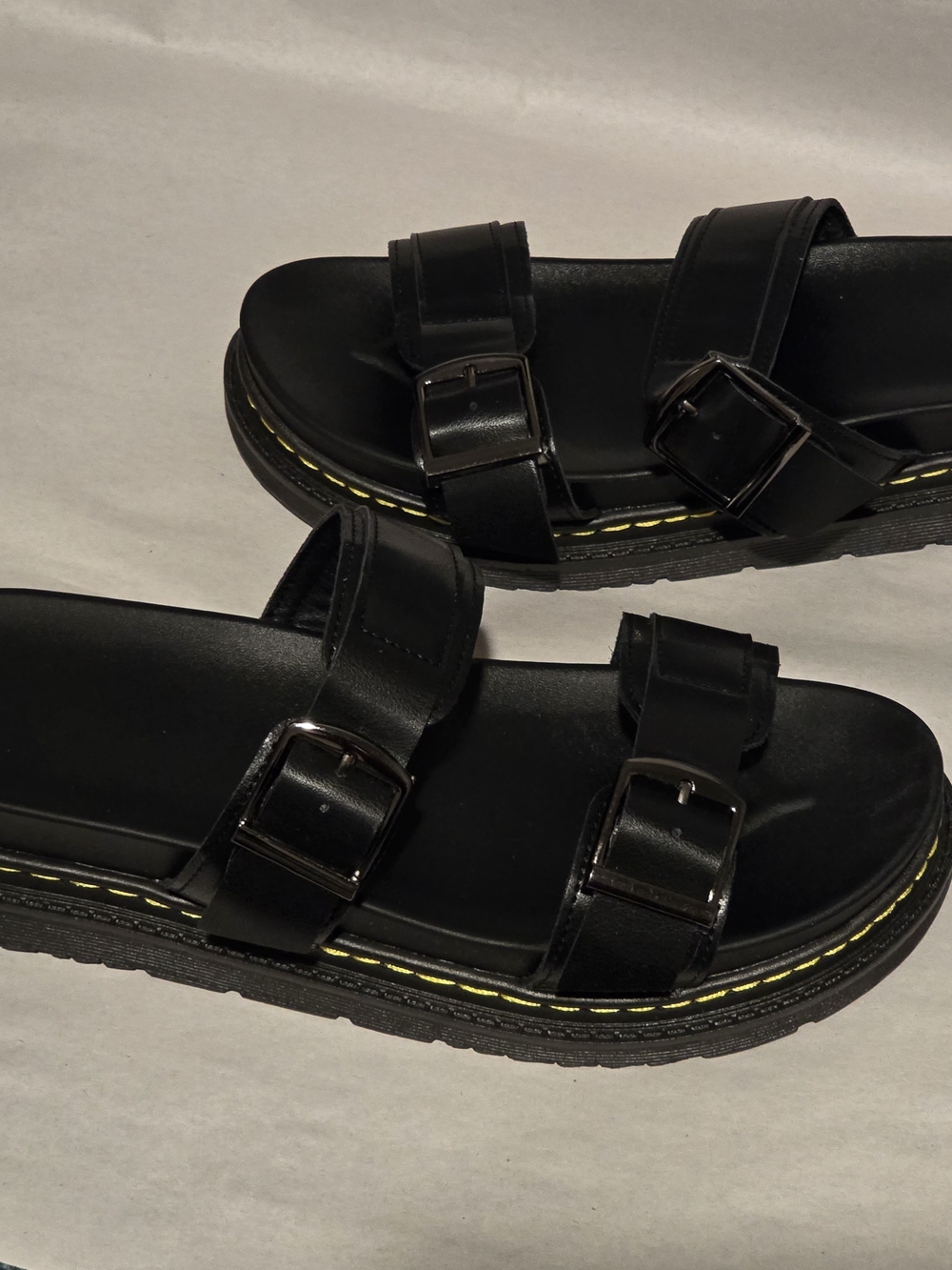 Black Women's Double-Buckle Sandals with Yellow Stitch Detail